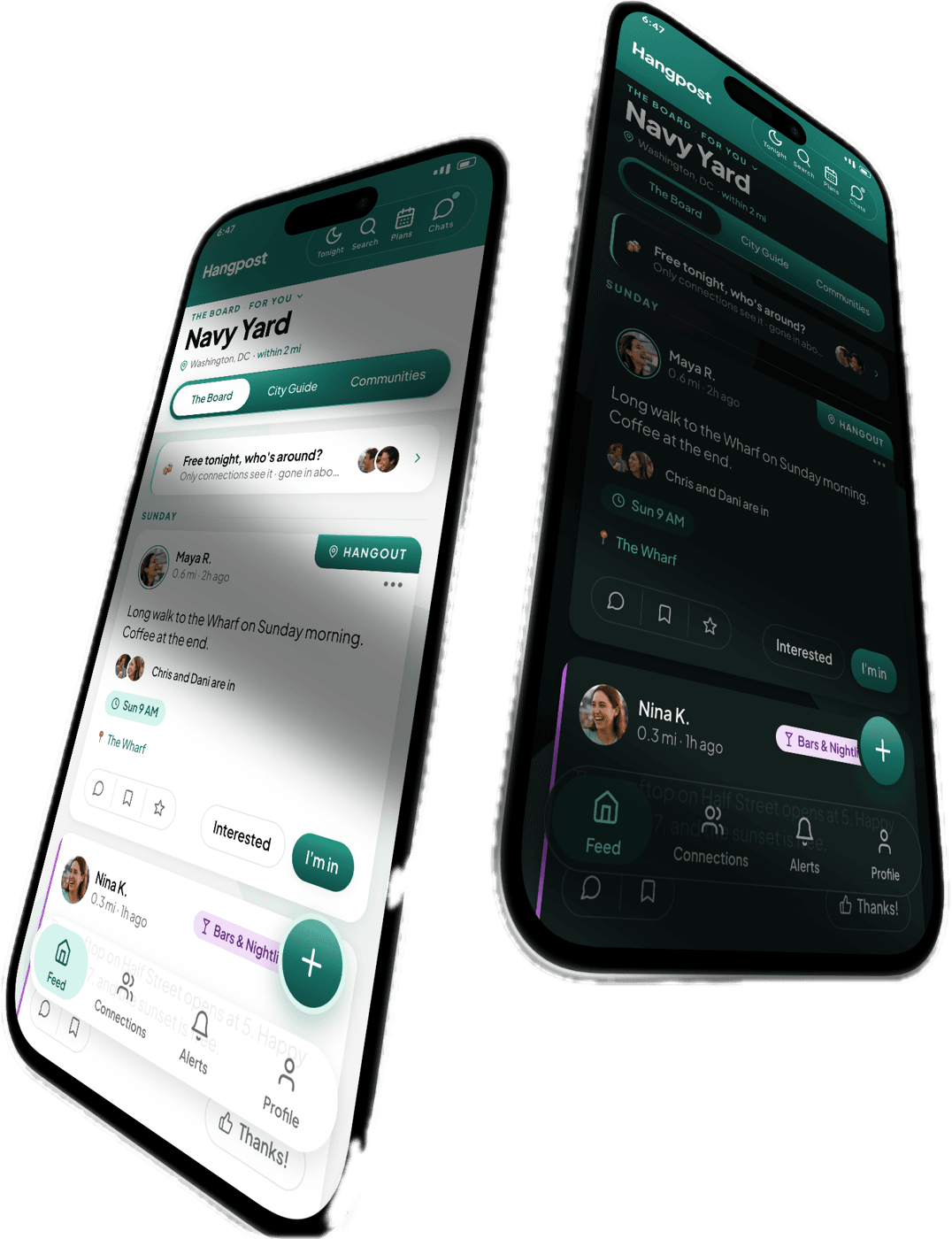 Hangpost's Board on two phones, one in light mode and one in dark: this week's hangouts in Navy Yard