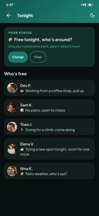The Tonight statuses, in dark mode